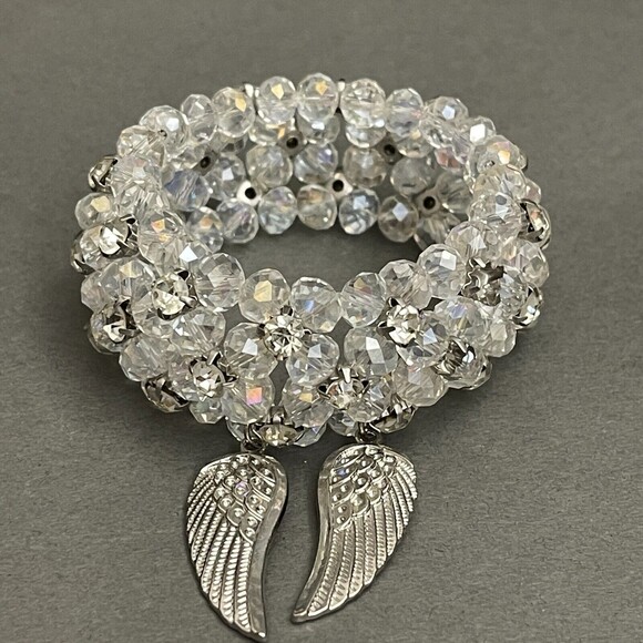 Faceted Beaded Beads Rhinestone Silver-tone Wings Fashion Stretch Bracelet - Picture 1 of 4